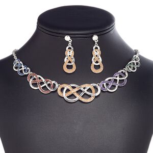 Necklace and earring set, enamel / imitation rhodium-plated steel / brass / "pewter" (zinc-based alloy), multicolored, 29x13mm-40x31mm graduated knot, 18-inch necklace with 2-inch extender chain and lobster claw clasp, 44mm earrings with post. Sold per set.