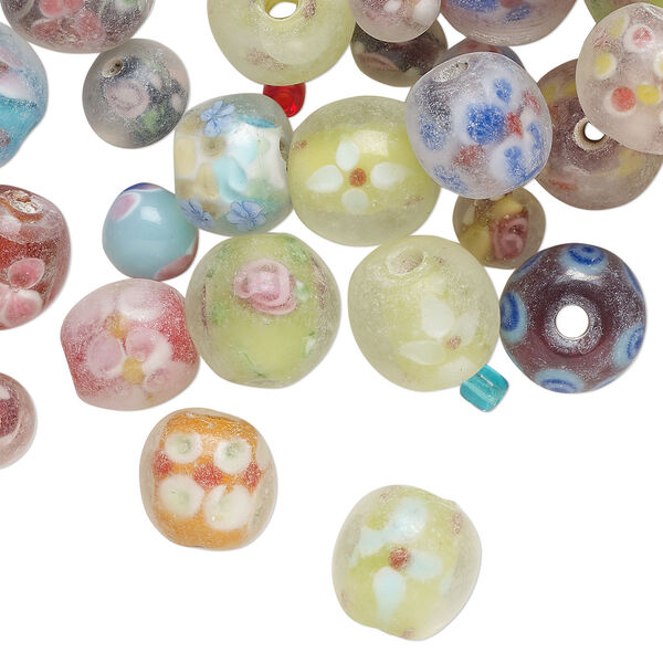 Bead mix, lampworked glass, opaque and translucent mixed colors, 7-12mm round. Sold per 4-ounce pkg, approximately 50 beads. image number 0