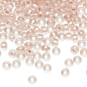 Seed bead, Miyuki, glass, pkg/250g, #6 rocaille, translucent rose gold-lined pearlized crystal clear, (RR-4605).