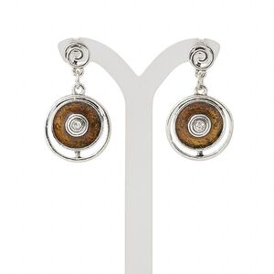 Earring, enamel / glass rhinestone / antique silver-plated steel / "pewter" (zinc-based alloy), brown and clear, 38mm with flat round and fancy ring with post. Sold per pair.