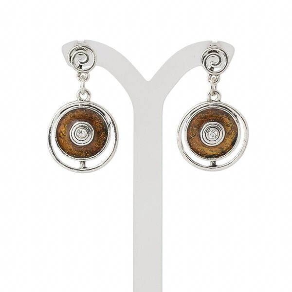 Earring, enamel / glass rhinestone / antique silver-plated steel / "pewter" (zinc-based alloy), brown and clear, 38mm with flat round and fancy ring with post. Sold per pair. image number 0
