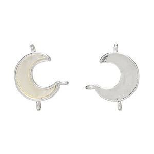 Link 1pkg2 brass / mother-of-pearl shell / glass rhinestone, 14x12mm moon, bleached silver finish / white / clear