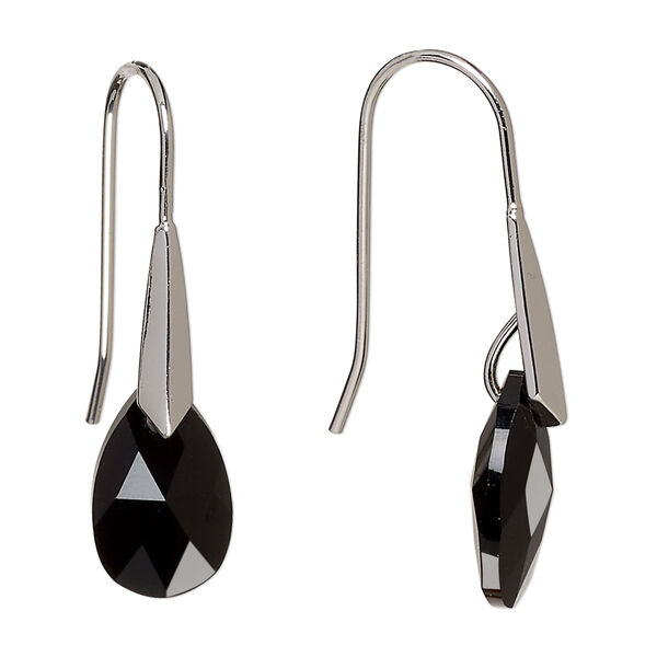 Earring, Everyday Jewelry™, Crystal Passions® and silver-plated "pewter", jet, 37mm fishhook with teardrop, 29 gauge. Sold per pair. image number 0