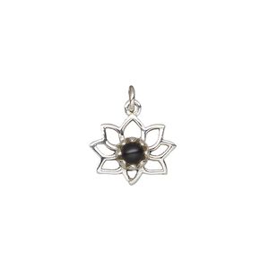 Black onyx / sterling silver 1pkg1, antiqued open lotus drop 14.5x12mm