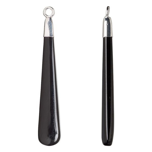 Focal, sterling silver and black onyx (dyed), 41x7mm hand-cut double-sided long teardrop, Mohs hardness 6-1/2 to 7. Sold individually. image number 0