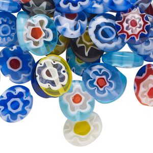 Bead mix, millefiori glass, opaque to transparent multicolored, 11x9mm-12x10mm puffed oval. Sold per 2-ounce pkg, approximately 80 beads.