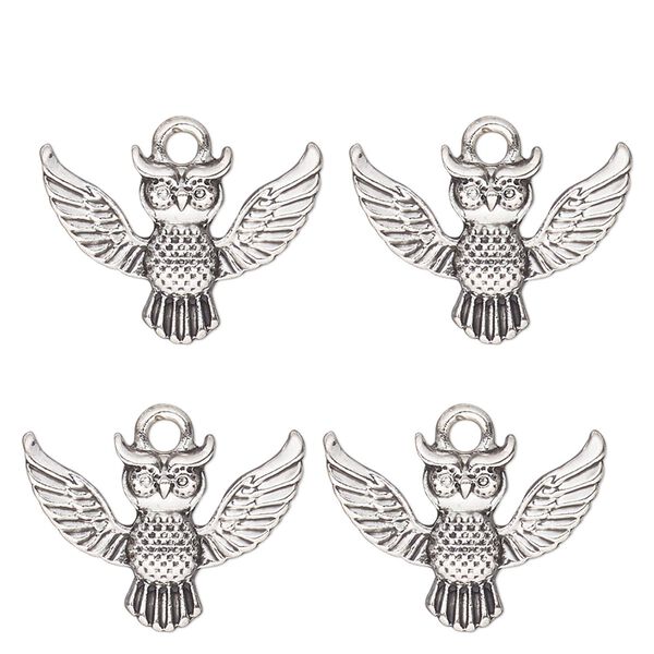 Charm, antique silver-finished "pewter" (zinc-based alloy) , 19x12mm single-sided owl. Sold per pkg of 4. image number 0