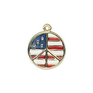 Charm, gold-finished "pewter" (zinc-based alloy) and enamel, red / white / blue, 18mm flat round peace sign with USA flag design. Sold individually.