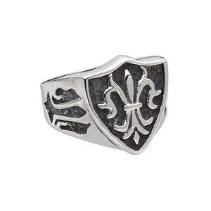 Ring, antiqued stainless steel, 22mm wide with shield and fleur-de-lis, size 12. Sold individually.