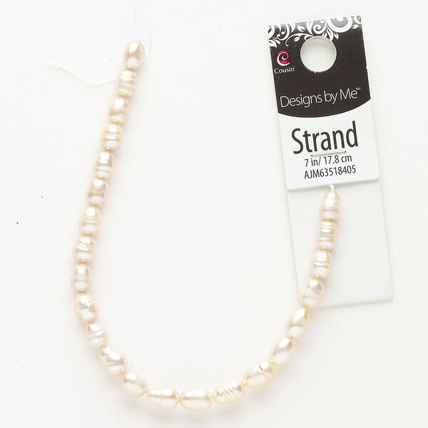 Pearl, cultured freshwater pearl (dyed), pkg/7 inches, 6mm rice, soft pink. image number 0