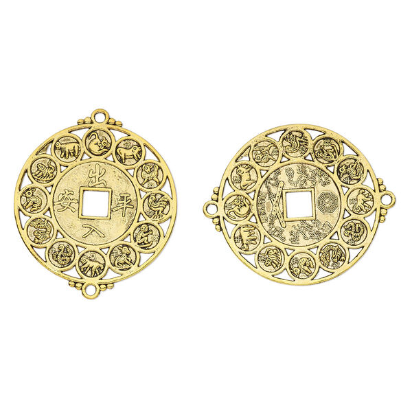 Focal, antique brass-finished "pewter" (zinc-based alloy), 45mm two-sided round with Chinese zodiac design and cutout square. Sold per pkg of 2. image number 0
