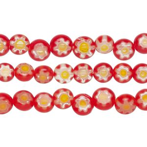 Bead mix, millefiori glass, red, yellow, white and clear, 6-7mm puffed flat round with flower design. Sold per pkg of (3) 14-inch strands.