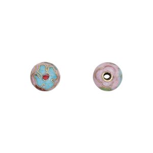 Bead, cloisonn&eacute;, enamel and gold-finished copper, light blue and multicolored, 8mm round with flower design. Sold per pkg of 10.