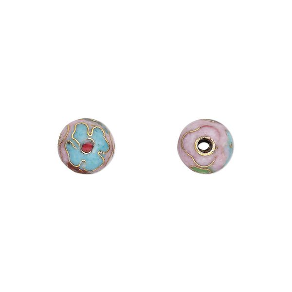Bead, cloisonn&eacute;, enamel and gold-finished copper, light blue and multicolored, 8mm round with flower design. Sold per pkg of 10. image number 0