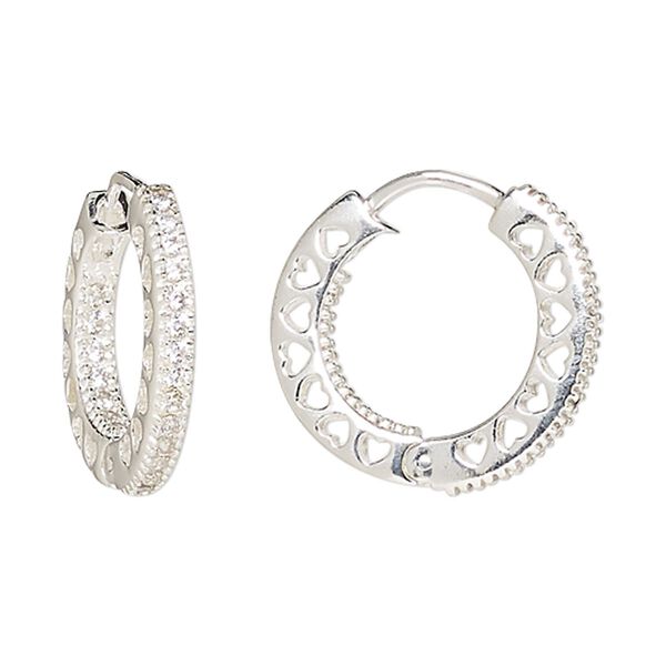 Earring, Create Compliments®, sterling silver and cubic zirconia, clear, 21mm hinged round hoop with open heart design. Sold per pair. image number 0