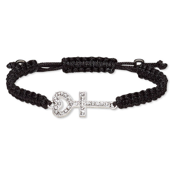 Bracelet, Hemalyke™ (man-made) / waxed cotton cord / glass rhinestone / silver-plated "pewter" (zinc-based alloy), black and clear, 39x14mm heart and cross, adjustable from 7-9 inches with macramé knot closure. Sold individually. image number 0