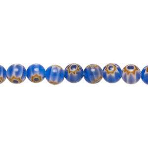 Bead, millefiori glass 1pkg1, translucent blue / dark blue / multicolored, 6mm round, 15 inches.