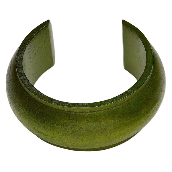 Bracelet, cuff, wood (dyed / waxed), light forest green, 35mm wide hand-carved domed band, 7-1/2 inches. Sold individually. image number 0