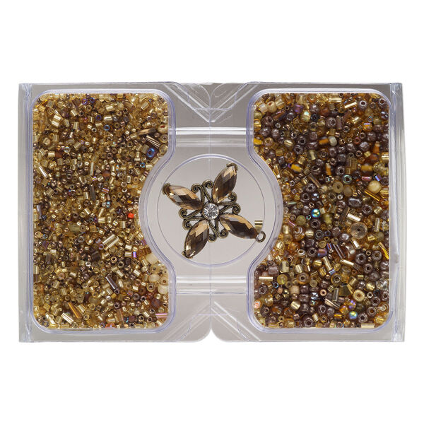 Pendant and bead mix, antique brass-finished "pewter" (zinc-based alloy) and glass, opaque to transparent multi-brown, 38mm star and 15/0 to 10mm mixed shapes. Sold per 100-gram pkg, approximately 750 beads. image number 0