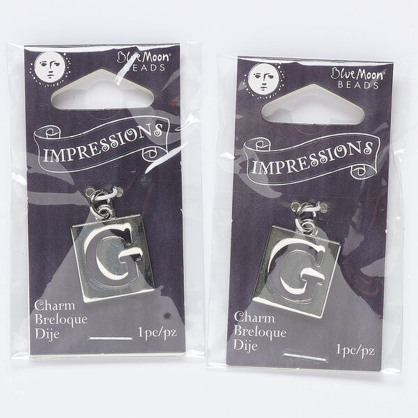 Drop, silver-finished "pewter" (zinc-based alloy) and steel, 16x15mm square with cutout "G." Sold per pkg of 2. image number 0