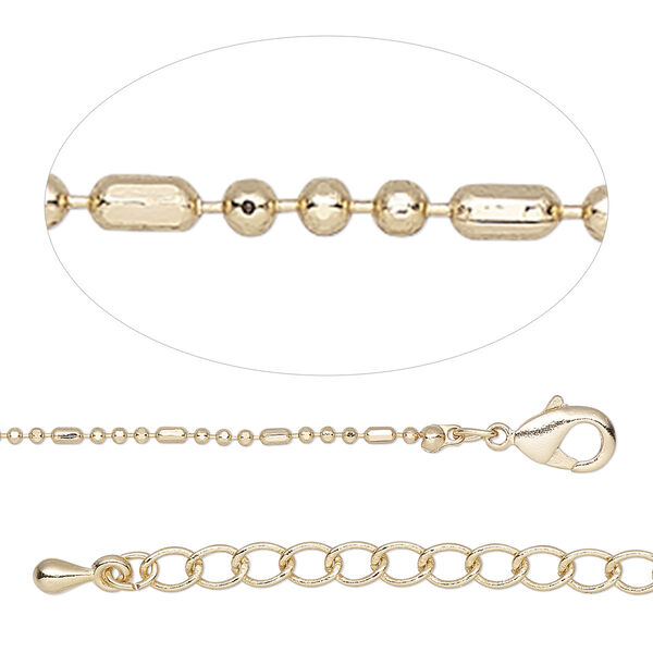 Chain, gold-finished brass, 1.2mm fancy ball, 18 inches with 2-inch extender chain and lobster claw clasp. Sold individually. image number 0