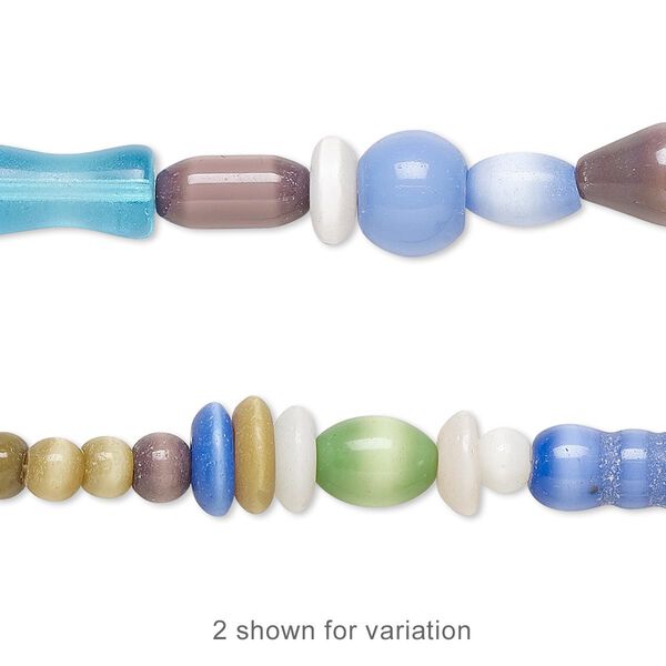Bead, lampworked and cat's eye glass (fiber optic glass), multicolored, 3mm-26x6mm multi-shape. Sold per 15-inch strand. image number 0