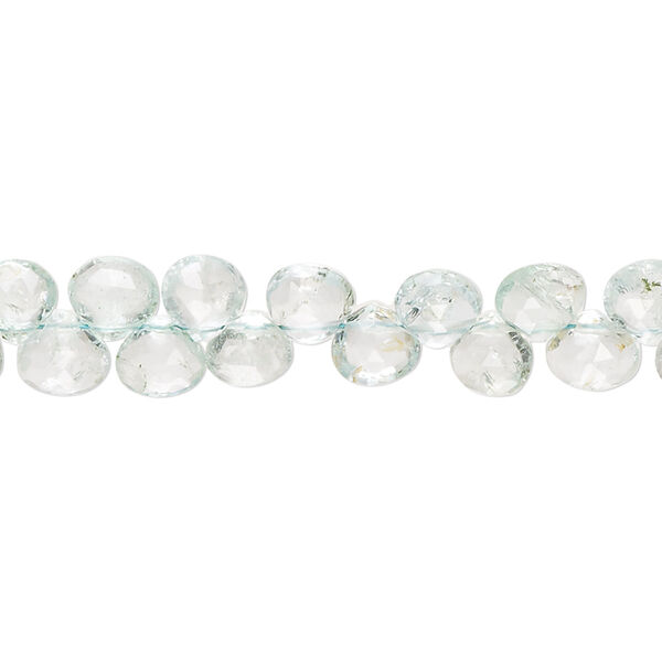 Bead, aquamarine and goshenite (natural / heated), light to medium, 5-7mm hand-cut top-drilled faceted puffed teardrop, B grade, Mohs hardness 7-1/2 to 8. Sold per 8-inch strand, approximately 60 beads. image number 0