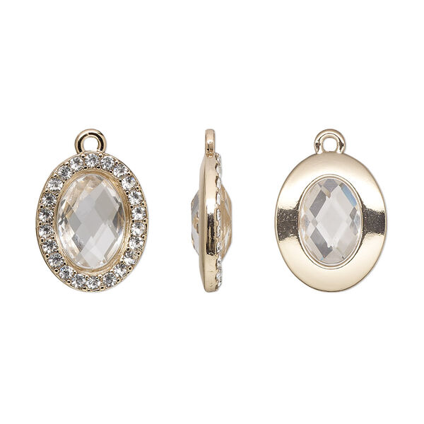 Drop, glass / glass rhinestone / gold-finished "pewter" (zinc-based alloy), transparent clear, 19x15.5mm single-sided oval. Sold per pkg of 2. image number 0