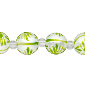 Bead, glass 1pkg8, opaque white and green, 12mm hand-painted round.
