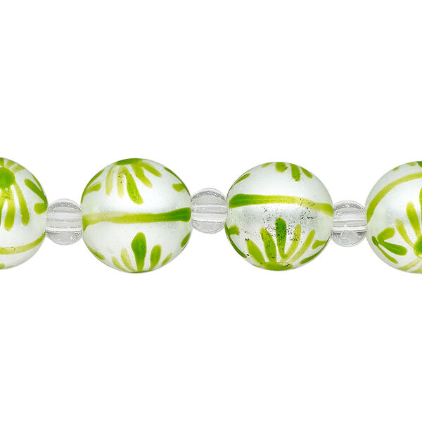 Bead, glass 1pkg8, opaque white and green, 12mm hand-painted round. image number 0