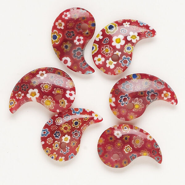 Drop, millefiori glass, translucent red and multicolored, 22x14mm-26x17mm top-drilled paisley. Sold per pkg of 6. image number 0