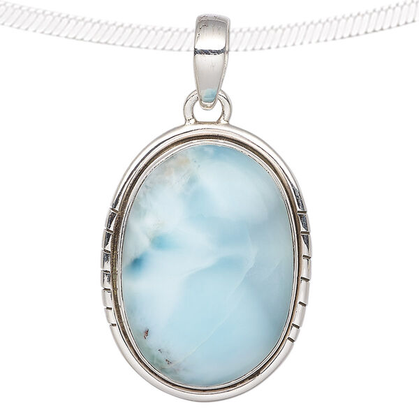 Pendant, larimar (natural) and sterling silver, 27x20mm-32x23mm oval. Sold individually. image number 0