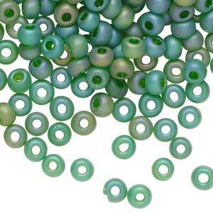 Seed bead glass 1pk #4 round, 50 gram translucent matte rainbow green