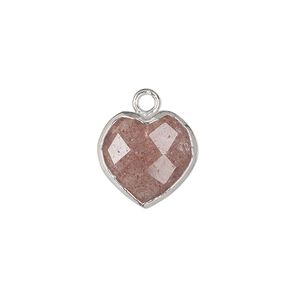 Strawberry quartz sterling silver / copper 1pkg1, silver-plated hand-cut faceted puffed heart drop natural 13x12mm