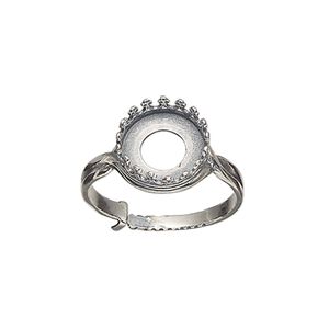 Ring, JBB Findings, antiqued sterling silver, 12mm wide with decorative trim and 10mm round bezel setting, adjustable from size 6-8. Sold individually.