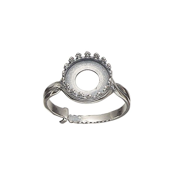 Ring, JBB Findings, antiqued sterling silver, 12mm wide with decorative trim and 10mm round bezel setting, adjustable from size 6-8. Sold individually. image number 0