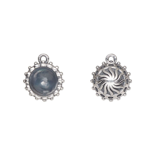 Drop, antiqued sterling silver, 11.5mm round with SS39 setting and decorative design back with beaded rim. Sold individually. image number 0