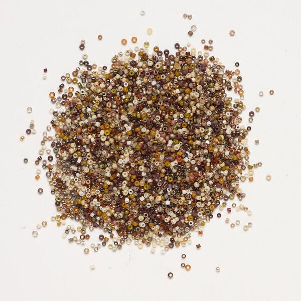 Seed bead mix, glass, 1pkg25g, #15 to #11 round, opaque and translucent multi-brown image number 1
