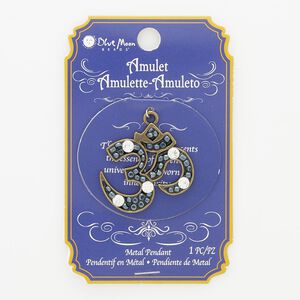 Focal, glass and antique brass-finished "pewter" (zinc-based alloy), steel blue and clear, 34x33mm Om symbol. Sold individually.