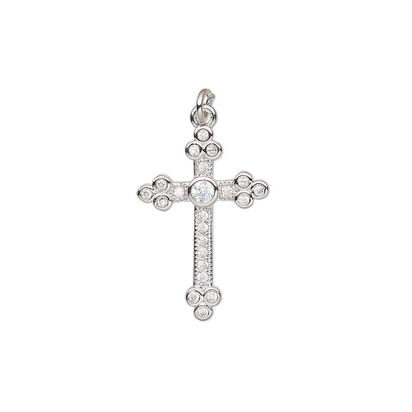 Drop, cubic zirconia and imitation rhodium-plated brass, clear, 21x14mm single-sided cross. Sold per pkg of 2. image number 0