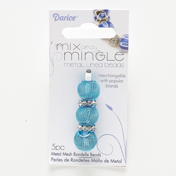 Bead, glass rhinestone with painted steel and "pewter" (zinc-based alloy), aqua blue and clear, 12x4mm rondelle and 14x11mm-14x13mm mesh rondelle, 4.5-5mm hole. Sold per pkg of 5. image number 0