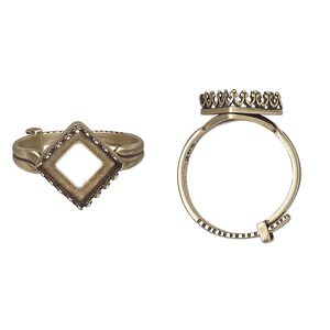 Ring, JBB Findings, antiqued brass, 15mm wide with decorative trim and 10x10mm square bezel setting, adjustable from size 8-11. Sold individually.