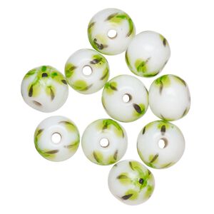 Bead, lampworked glass, opaque white / black / green, 9-11mm round. Sold per pkg of 10.