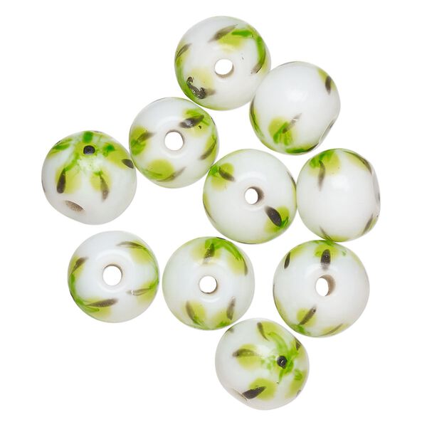 Bead, lampworked glass, opaque white / black / green, 9-11mm round. Sold per pkg of 10. image number 0