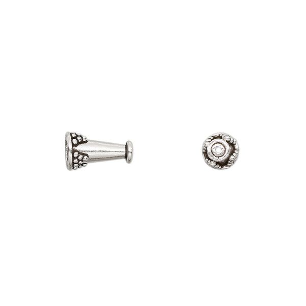 Cone, antiqued sterling silver, 9x5mm beaded with 3mm inside diameter. Sold per pkg of 2. image number 0