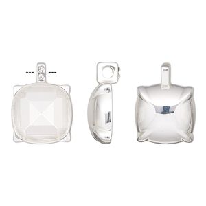 Drop, Almost Instant Jewelry®, crystals and silver-plated "pewter" (zinc-based alloy), clear, 17.5x13mm rounded square with 12mm faceted cushion setting. Sold individually.