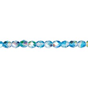 Bead, Czech fire-polished glass, two-tone, crystal/aqua AB, 4mm faceted round. Sold per 15-1/2" to 16" strand.