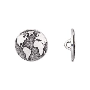 Button, TierraCast®, antique silver-plated pewter (tin-based alloy), 16mm flat round with Earth and loop. Sold per pkg of 20.