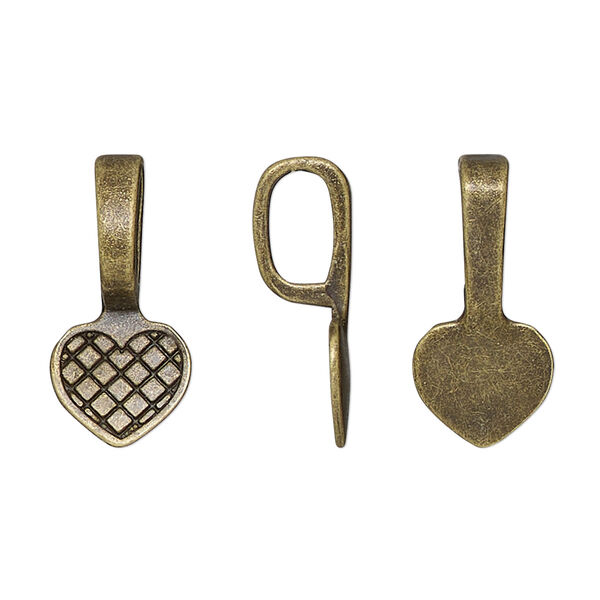 Bail, glue-on, antique brass-finished "pewter" (zinc-based alloy), 21x10mm heart with 10.5x10mm pad. Sold per pkg of 20. image number 0