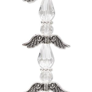 Bead, crystal and antique silver-plated "pewter" (zinc-based alloy), transparent clear, 23mm angel. Sold per pkg of 4.